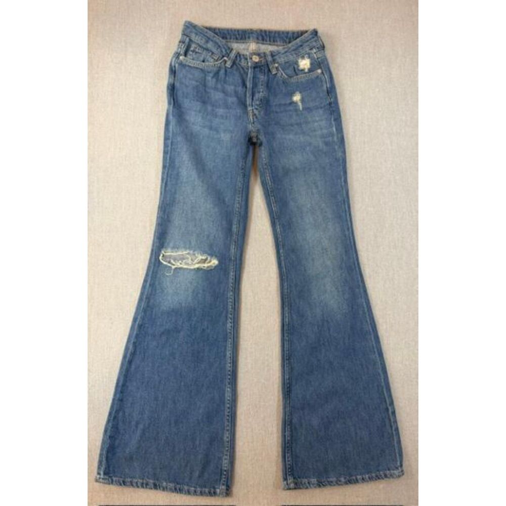 We The Free People Final Countdown Distressed Flare Jeans Denim Button fly 24